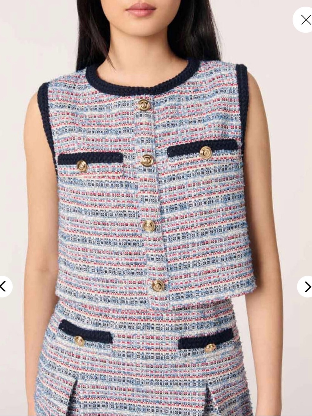 Maje Multicolor Tweed Vest with Navy Trim and Gold Buttons